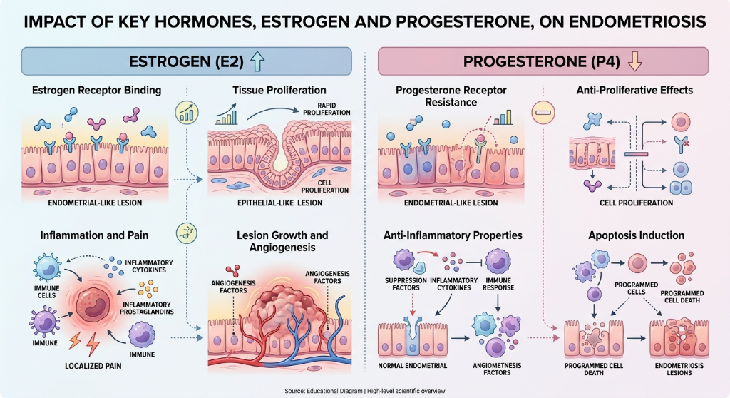 Diagram illustrating the impact of estrogen and progesterone on endometriosis. It shows estrogen promoting tissue proliferation, inflammation, and lesion growth, while progesterone has anti-inflammatory effects and induces cell apoptosis to reduce en