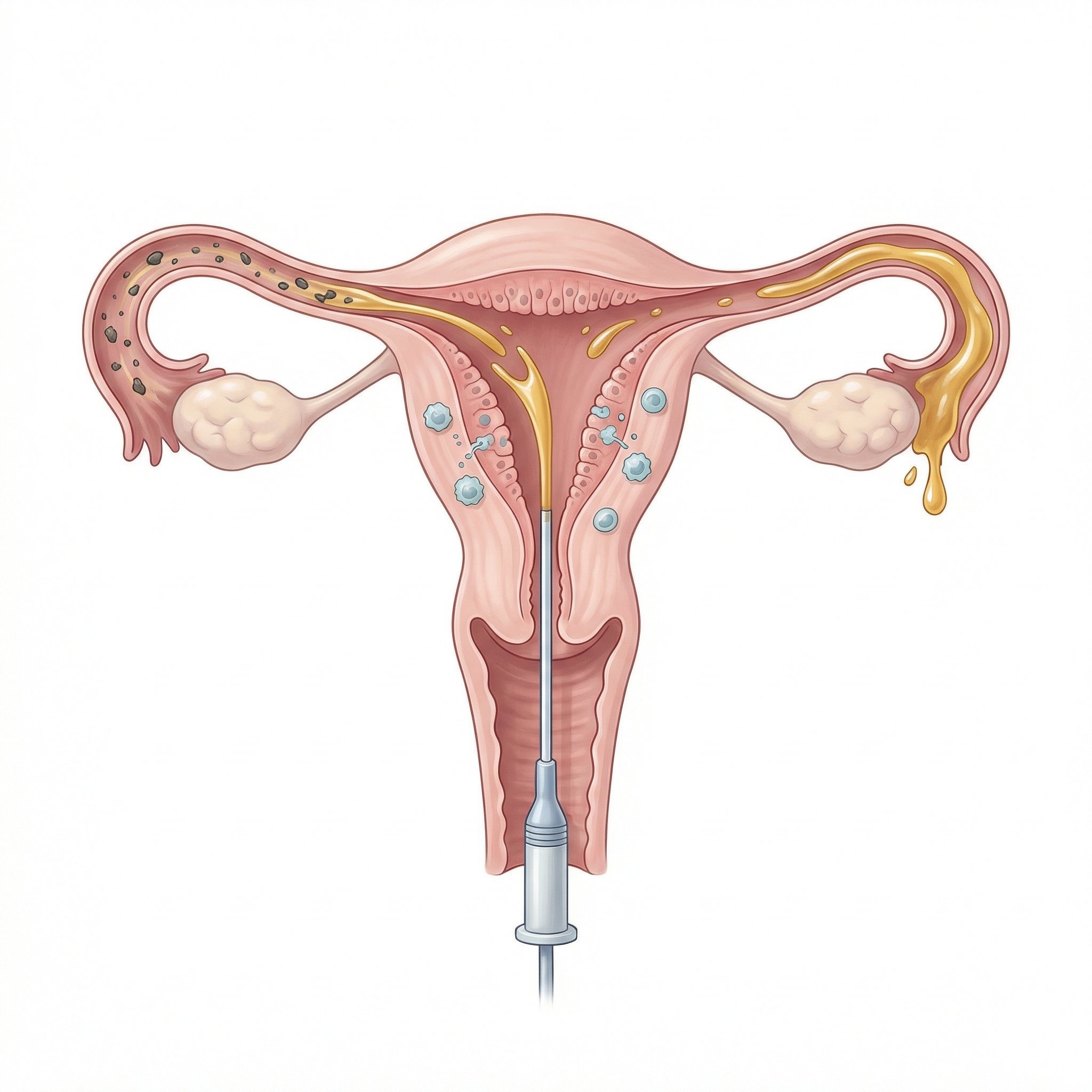 Medical illustration of a female reproductive system with a hysteroscopy procedure. The uterus, fallopian tubes, and ovaries are visible. The hysteroscope is inserted through the cervix into the uterine cavity, with some fluid and debris shown within.