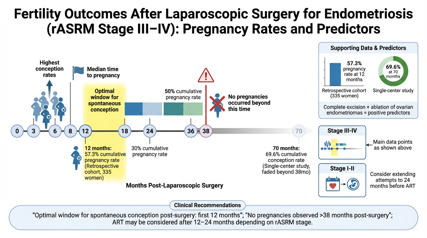 Chart illustrating fertility outcomes after laparoscopic surgery for endometriosis, including pregnancy rates and predictors. It shows median time to pregnancy at 12 months, with an optimal window for spontaneous conception up to 12 months, and notes