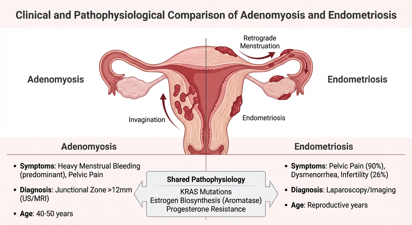Diagram comparing clinical and pathophysiological features of adenomyosis and endometriosis in the female reproductive system, highlighting symptoms, diagnosis, and shared pathology.