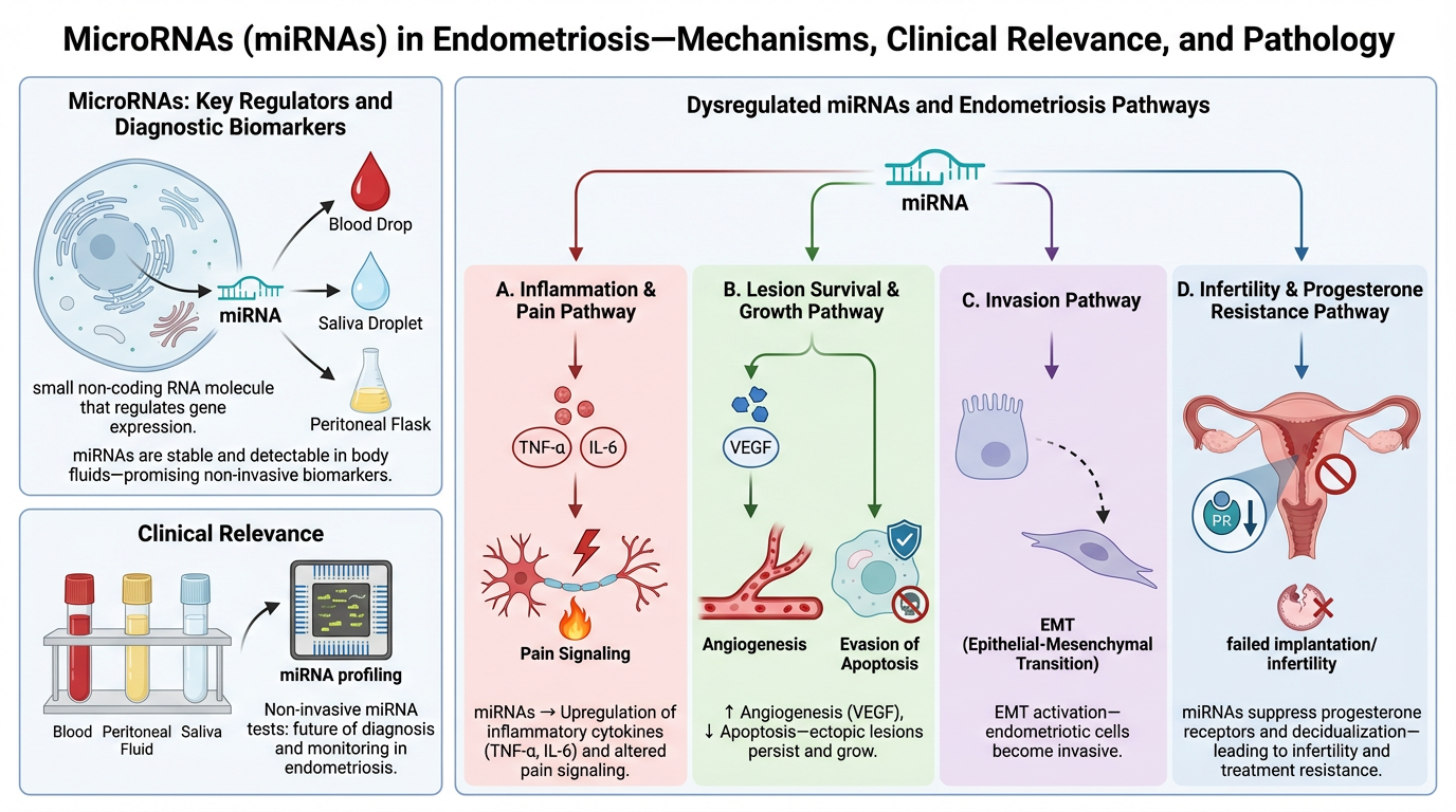 A detailed infographic illustrating the mechanisms, clinical relevance, and pathology of microRNAs (miRNAs) in endometriosis. It includes diagrams of key regulatory factors, pathways such as inflammation, lesion survival, invasion, and infertility, w