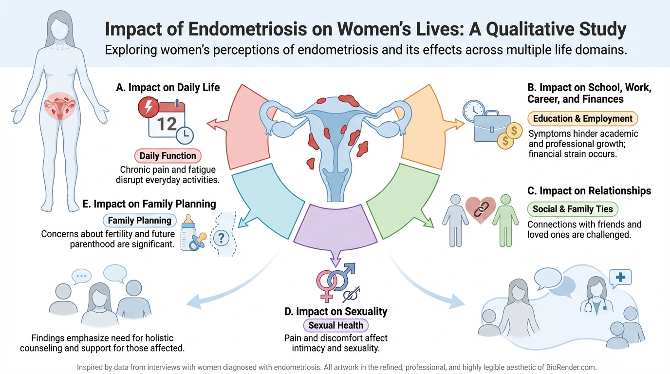 Diagram illustrating the impact of endometriosis on women's lives across multiple domains. It shows a figure of a woman with a highlighted reproductive system. The diagram highlights five key areas: daily life with chronic pain and fatigue; impact on