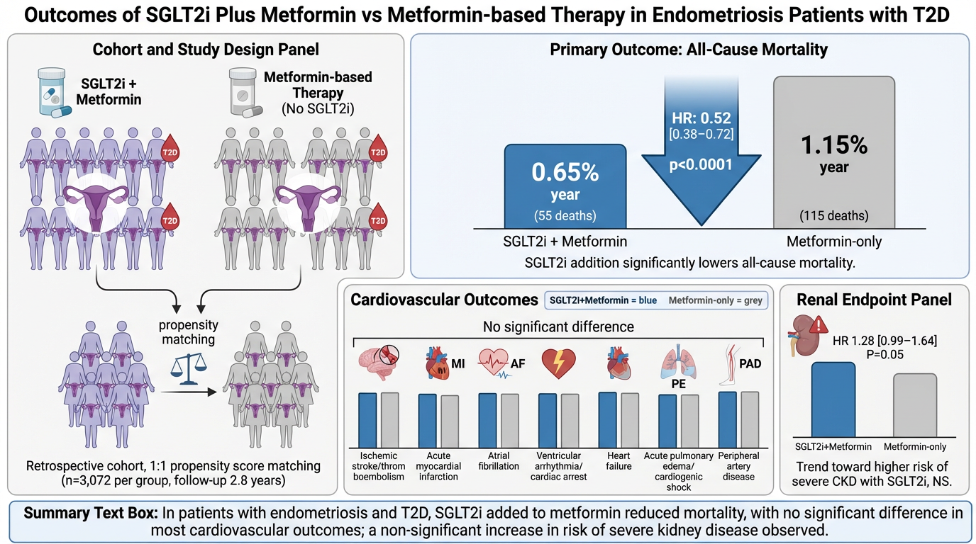 Summary of a study comparing SGLT2i plus metformin versus metformin alone in endometriosis patients with T2D, showing reduced all-cause mortality with SGLT2i addition and no significant difference in cardiovascular outcomes; includes cohort study des