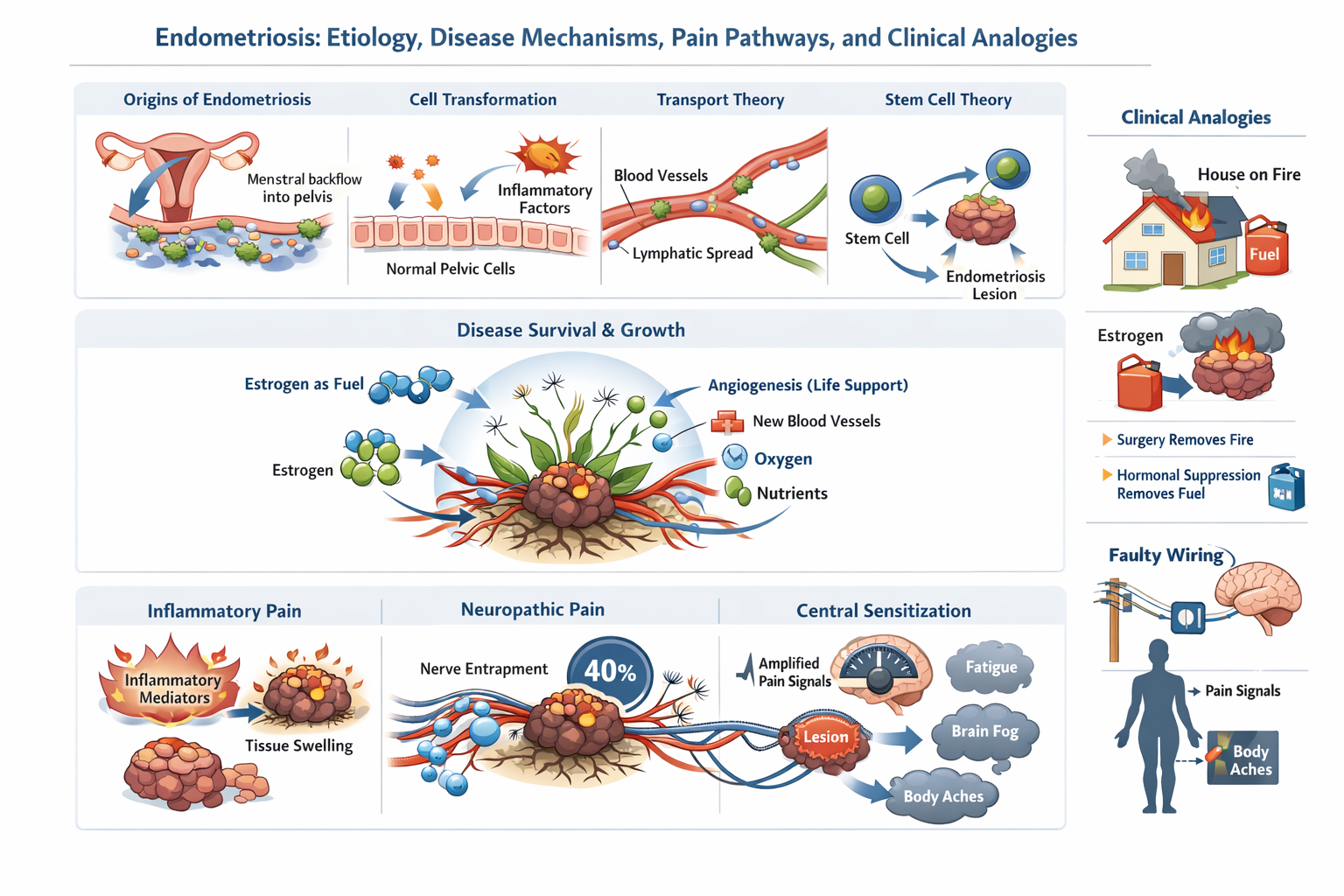 A detailed infographic explaining the etiology, disease mechanisms, pain pathways, and clinical analogies of endometriosis. It includes diagrams of endometrial cell transformation, blood vessel and nerve involvement, effects of estrogen, and neurolog