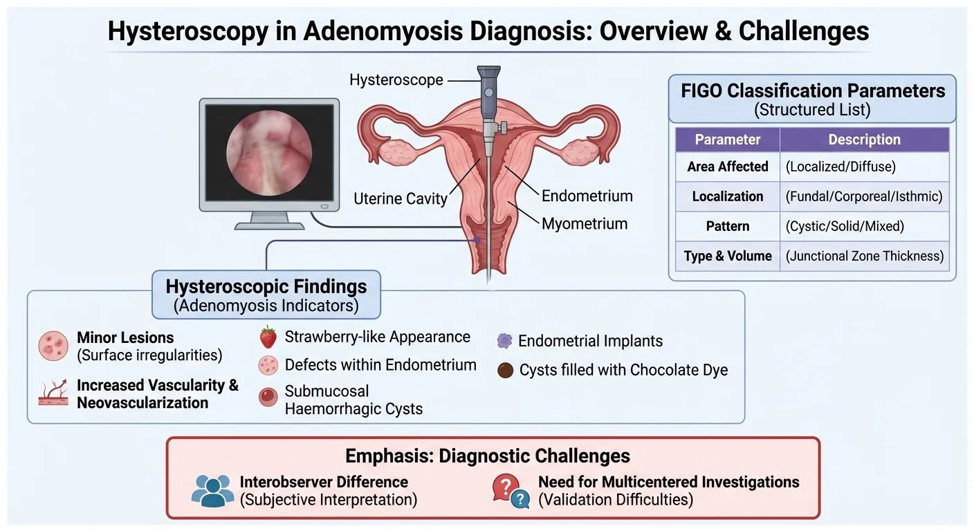 Diagram of hysteroscopy in adenomyosis diagnosis showing uterine cavity, endometrium, myometrium, hysteroscope, and hysteroscopic findings like minor lesions, strawberry-like appearance, defects in endometrium, submucosal hematoma cysts, endometrial 