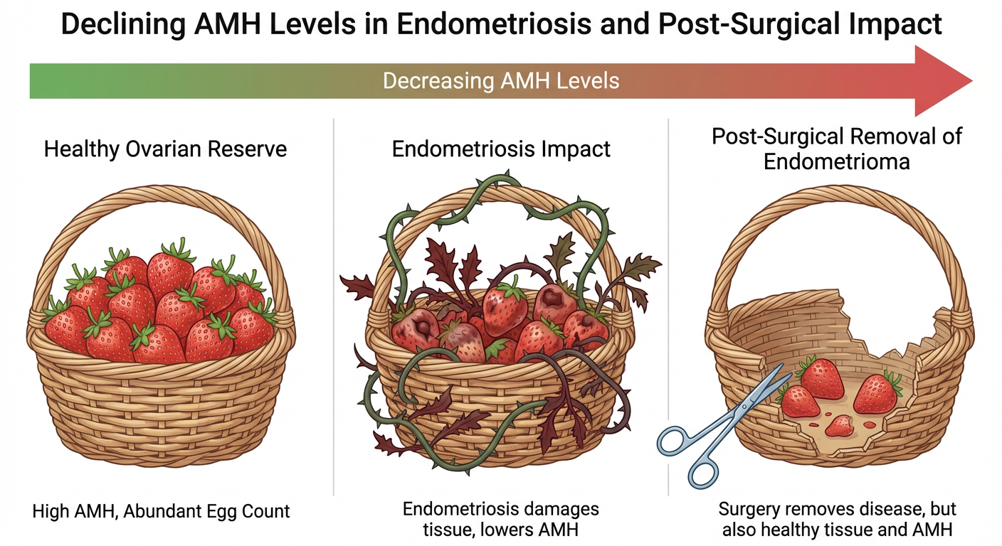 Diagram showing declining AMH levels in endometriosis and post-surgical impact. Left panel has a basket of strawberries representing a healthy ovarian reserve with high AMH levels. Middle panel shows a basket with damaged strawberries, torn by vines,