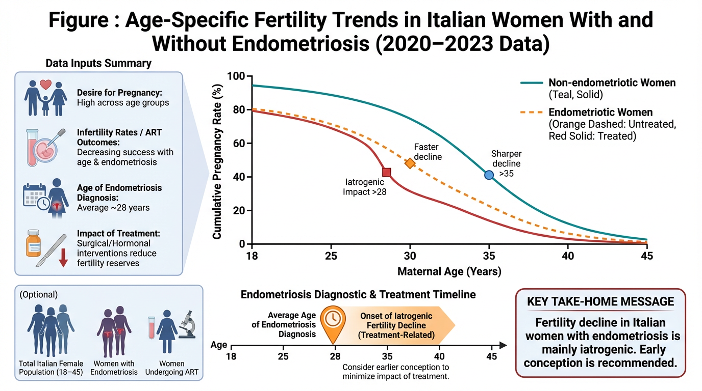 Line graph depicting fertility trends in Italian women aged 18-45 from 2020 to 2023, comparing non-endometriotic and endometriotic women. The graph shows a faster decline in pregnancy rates among those with endometriosis. An infographic highlights da