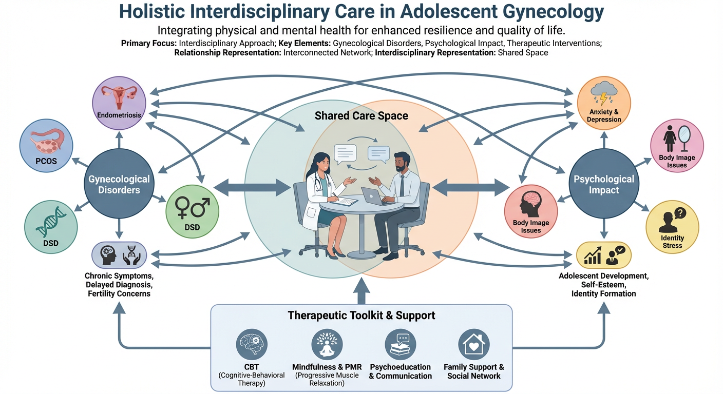 Diagram illustrating holistic interdisciplinary care in adolescent gynecology, including interconnected elements of gynecological disorders, psychological impact, therapeutic support, shared care space, and primary focus on integrating physical and m