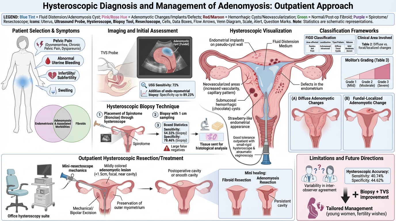 Diagram illustrating hysteroscopic diagnosis and management of adenomyosis, including patient symptoms, imaging techniques, hysteroscopic visualization, classification frameworks, biopsy procedures, outpatient treatment options, and future directions
