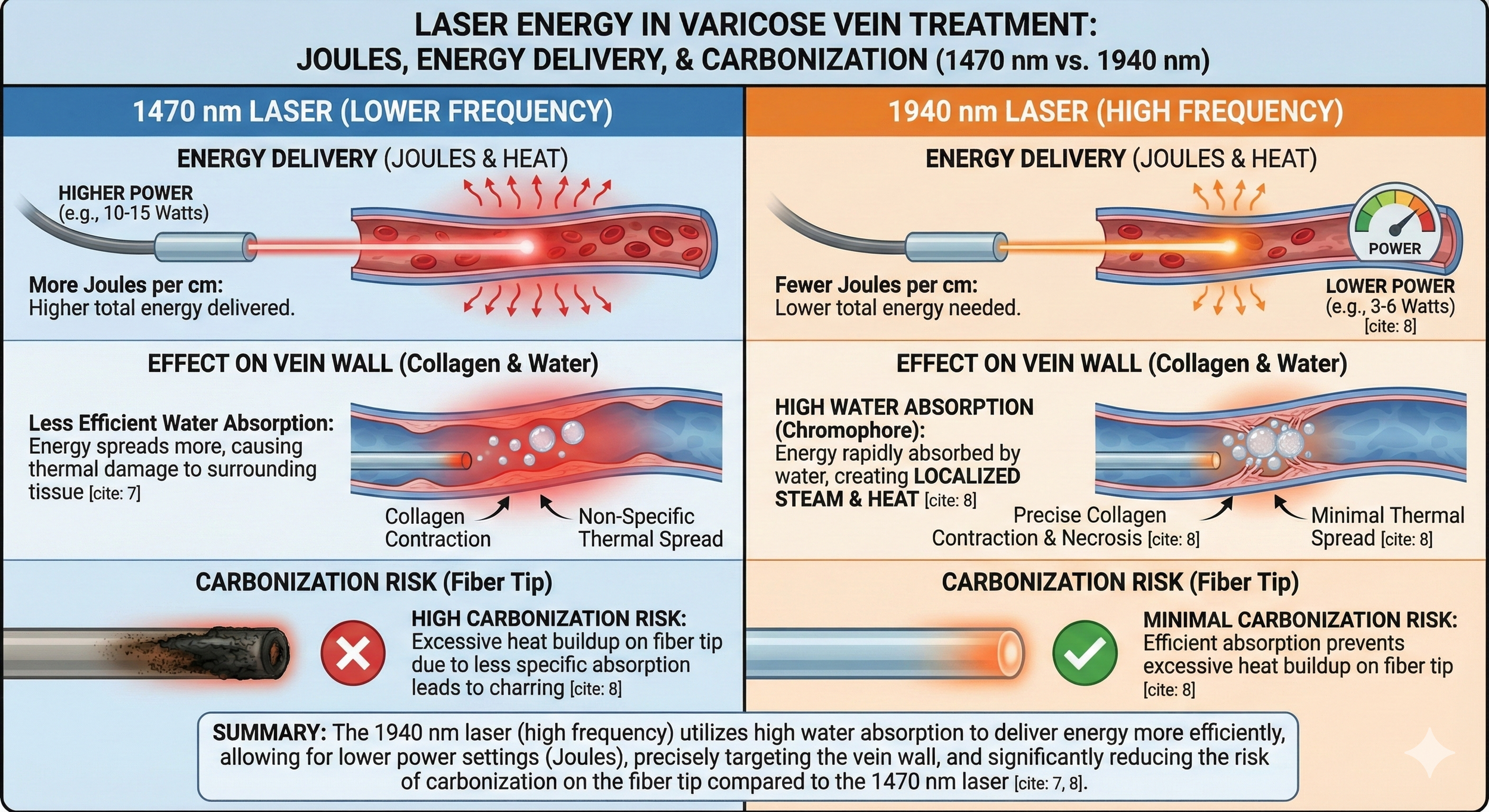 Comparison of laser energy in varicose vein treatment using 1470 nm low frequency laser and 1940 nm high frequency laser. It illustrates higher power, more energy delivery, and less vein wall damage with the 1470 nm laser. The 1940 nm laser offers hi