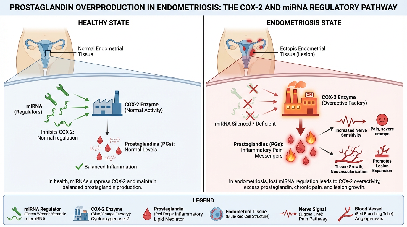 Diagram comparing normal and endometriosis-affected endometrial tissue, showing increased COX-2 enzyme activity and prostaglandin levels in endometriosis, leading to pain and tissue growth.