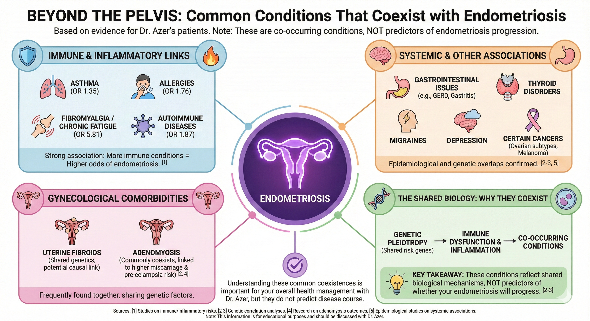 Diagram illustrating common conditions that coexist with endometriosis, divided into sections on immune and inflammatory links, systemic and other associations, gynecological comorbidities, and shared biology. Includes icons of lungs, allergies, fibr