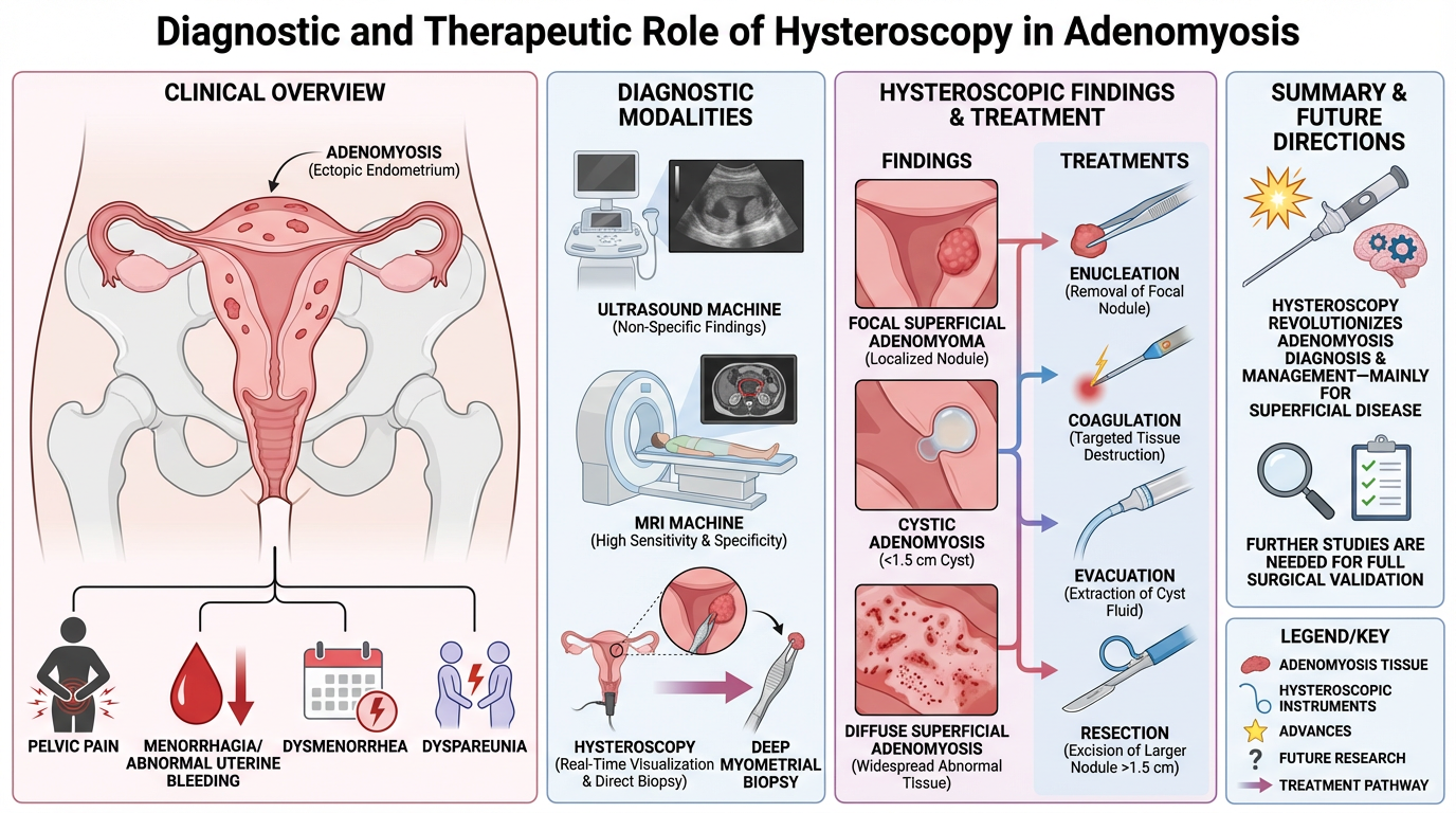 Chart illustrating the diagnostic and therapeutic process for hysteroscopy in adenomyosis, including clinical overview, diagnostic modalities like ultrasound and MRI, hysteroscopic findings, treatments such as enucleation, coagulation, cystic adenomy