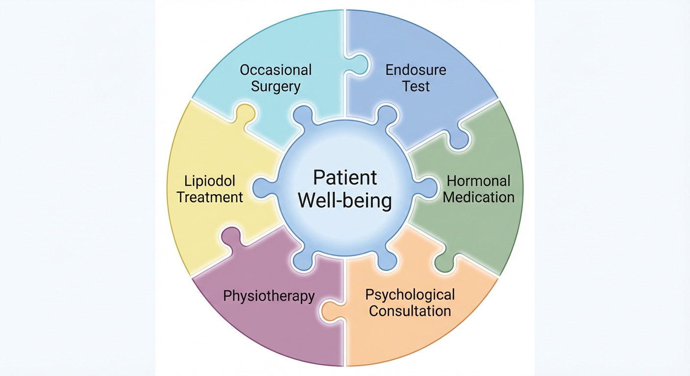 A circular infographic with puzzle pieces illustrating patient well-being, including aspects like endoscope test, hormonal medication, psychological consultation, physiotherapy, Lipiodol treatment, and occasional surgery.