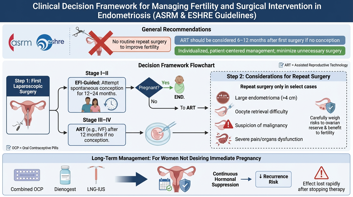 Flowchart for managing fertility and surgical intervention in endometriosis, including stages of laparoscopic surgery, considerations for repeat surgery, long-term management for women not desiring pregnancy, and guidelines from ASRM and ESHRE.