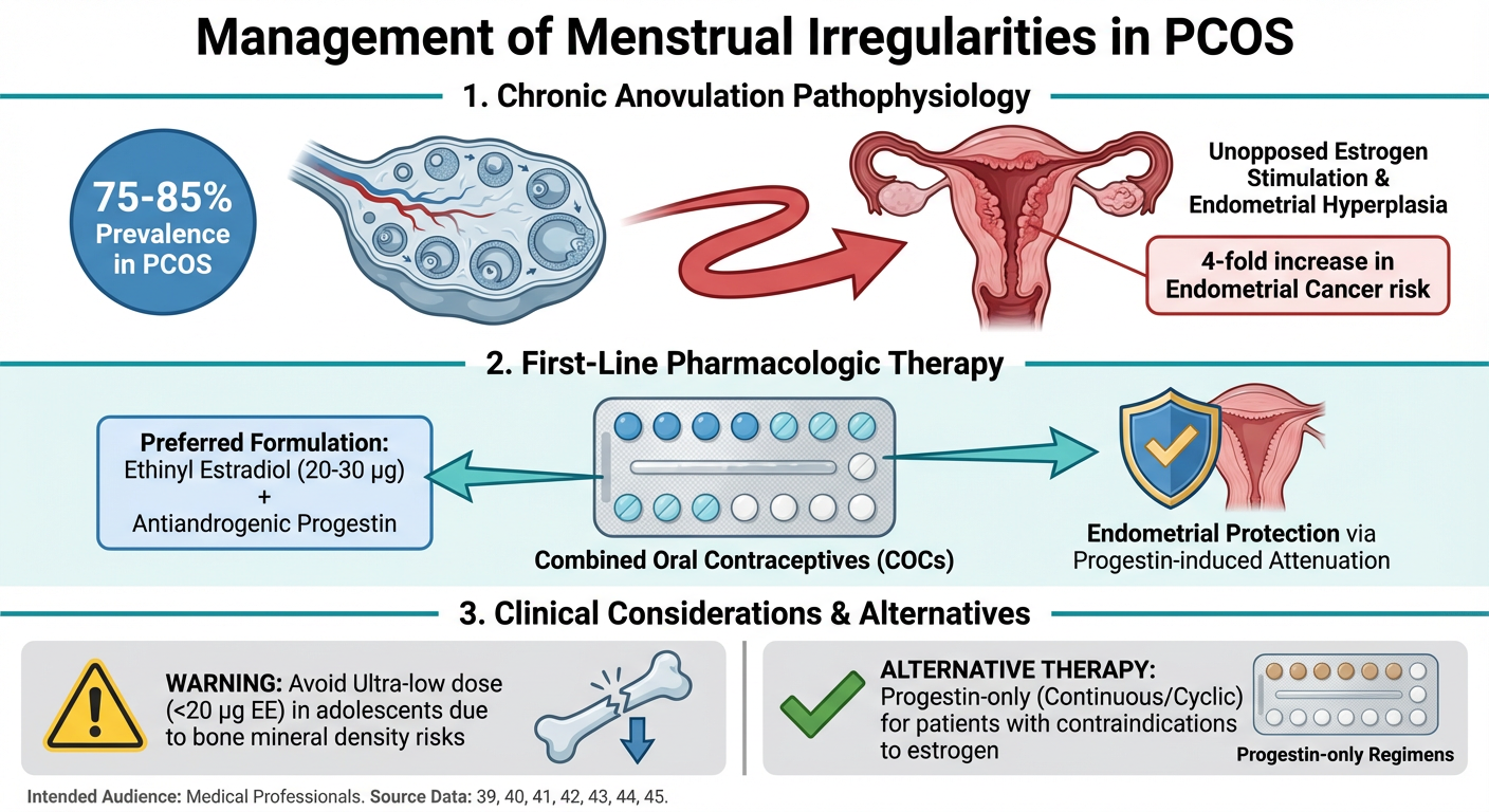 An infographic titled "Management of Menstrual Irregularities in PCOS" with three main sections. The first section explains chronic anovulation pathophysiology, showing a diagram of ovarian cysts leading to uterine abnormalities, including unopposed 