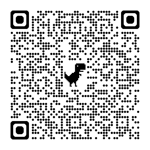 A QR code with a small dinosaur silhouette in the center.