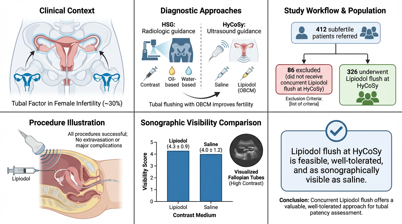 Flowchart depicting clinical context, diagnostic approaches, study workflow, procedure illustration, and sonographic comparison for tubal flushing with Lipiodol in female infertility. Includes diagrams, bar graph, and text summaries.