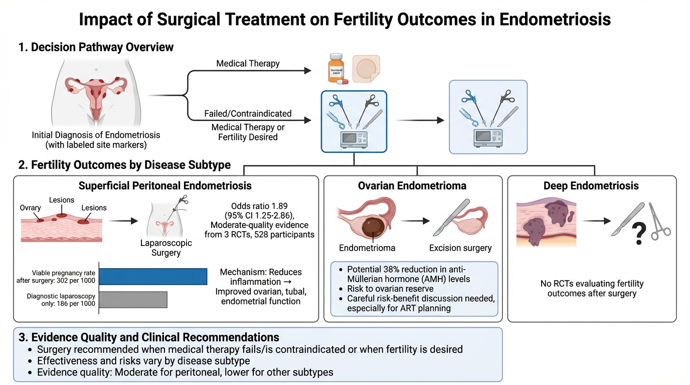 Diagram showing the impact of surgical treatment on fertility outcomes in endometriosis. It includes decision pathways for medical therapy or surgery based on diagnosis, and fertility outcomes for different subtypes: superficial peritoneal endometrio