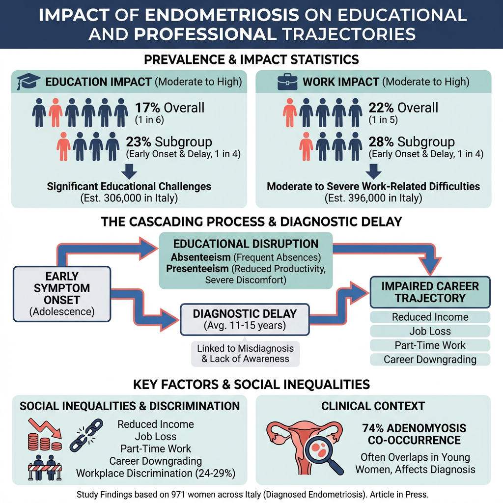 Infographic titled 'Impact of Endometriosis on Educational and Professional Trajectories'. Sections include prevalence and impact statistics on education and work with icons, a flowchart illustrating the cascading process and diagnostic delay, and ke