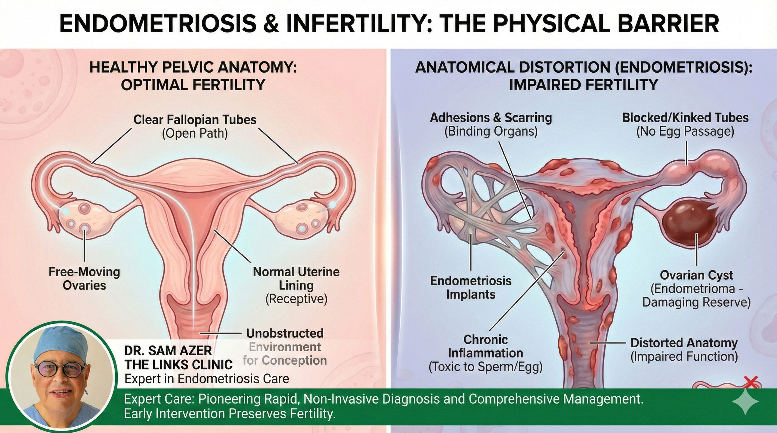 Diagram comparing healthy pelvic anatomy with optimal fertility on the left and anatomical distortion due to endometriosis on the right, showing differences such as clear fallopian tubes versus blocked tubes, free-moving ovaries versus ovarian cysts,