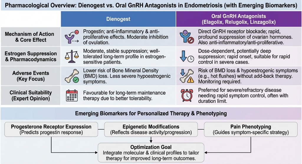 A medical chart comparing denogest and oral GnRH antagonists for endometriosis, detailing mechanisms, effects, adverse events, clinical suitability, and emerging biomarkers for personalized therapy.