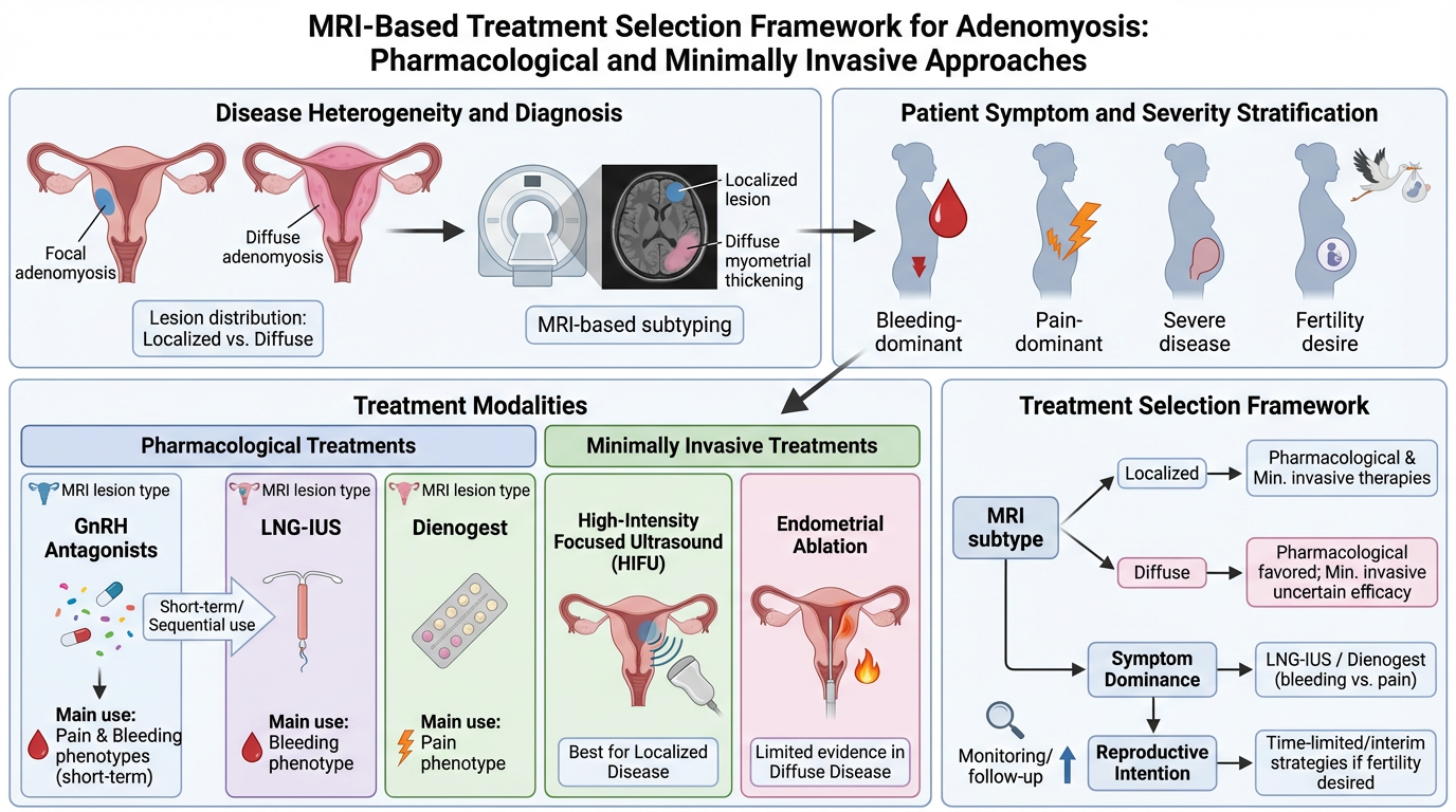 A flowchart titled 'MRI-Based Treatment Selection Framework for Adenomyosis: Pharmacological and Minimally Invasive Approaches.' It includes sections on disease heterogeneity and diagnosis, patient symptom and severity stratification, treatment modal