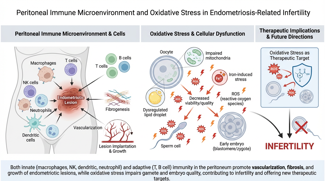 Diagram illustrating the relationship between peritoneal immune microenvironment and oxidative stress in endometriosis-related infertility, highlighting immune cell involvement, oxidative stress effects, and therapeutic implications.