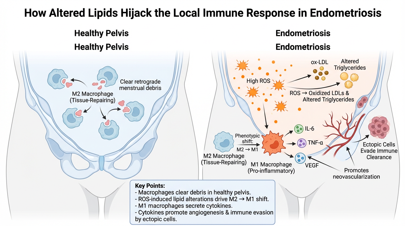 Diagram comparing healthy versus endometriosis-affected pelvis showing immune response differences. On the left, a healthy pelvis with macrophages clearing debris. On the right, endometriosis with high ROS, oxidative LDL, altered triglycerides, cytok