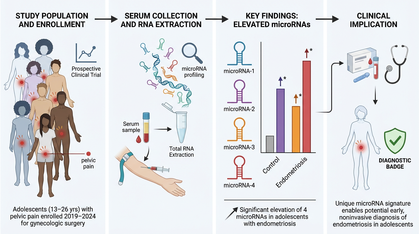 Flowchart showing a study process on adolescents with pelvic pain: study population enrollment, serum collection, RNA analysis, finding elevated microRNAs related to endometriosis, leading to a diagnostic badge for early diagnosis.