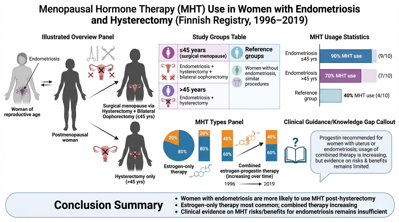 An infographic about menopausal hormone therapy (MHT) use in women with endometriosis and hysterectomy, based on Finnish registry data from 1996 to 2019. It includes an illustrated overview panel, a study groups table comparing different age and cond