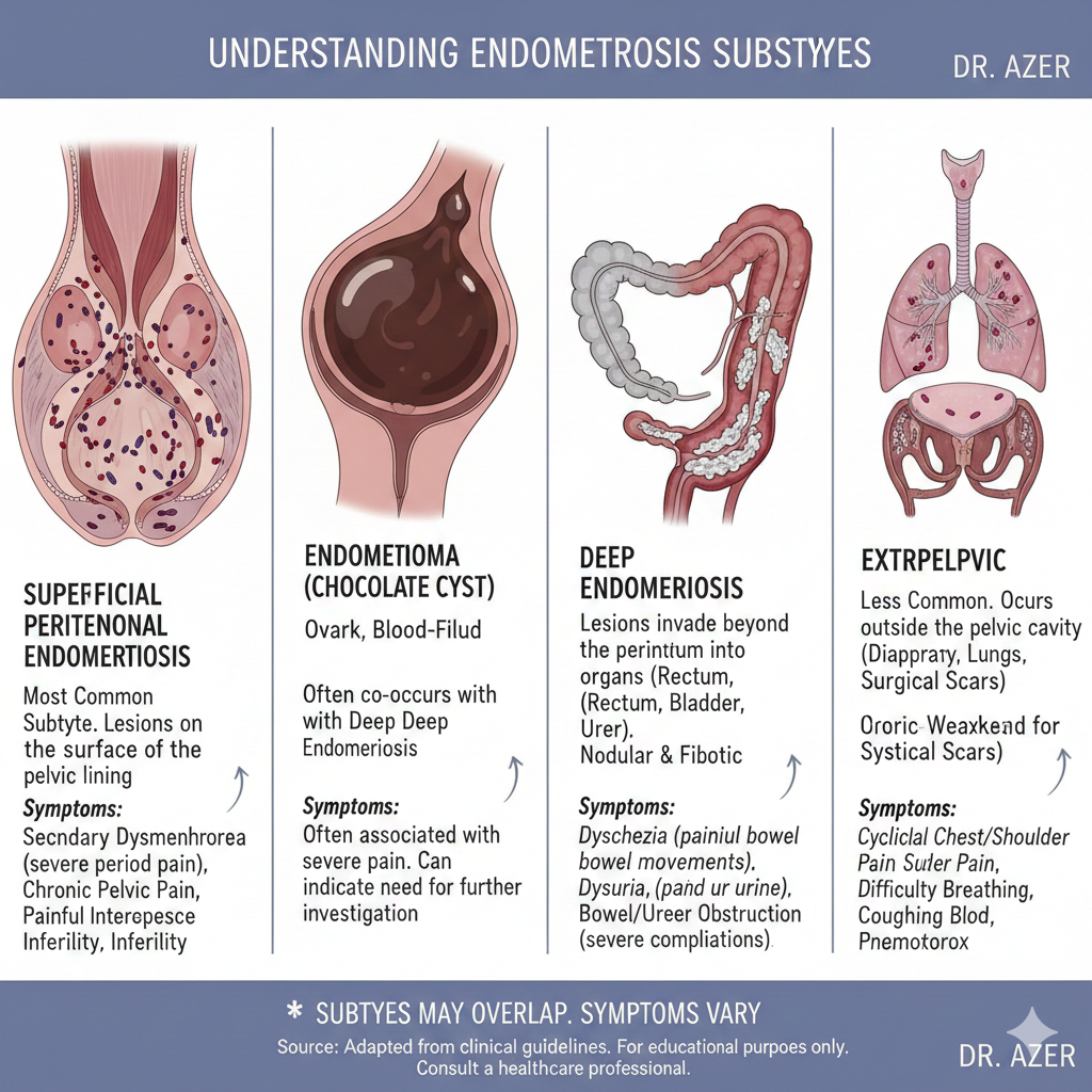 A diagram explaining various subtypes of endometriosis, including superficial peritoneal, endometrioma (chocolate cyst), deep endometriosis, and extrapelvic endometriosis, with illustrations and descriptions of symptoms for each subtype.