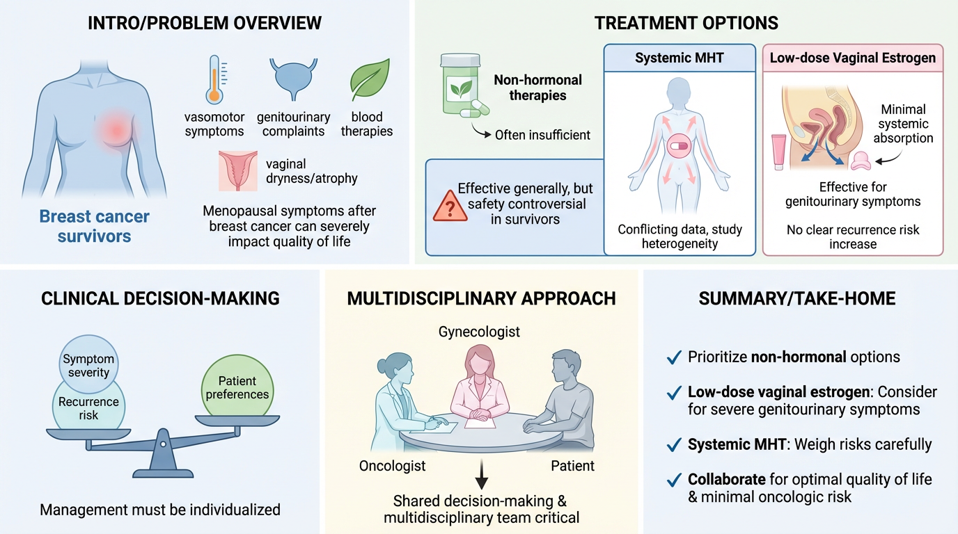 An infographic summarizing breast cancer survivorship, treatments, decision-making, multidisciplinary approach, and summary. Sections include an overview of symptoms and therapies, treatment options like systemic MHT and low-dose vaginal estrogen, cr