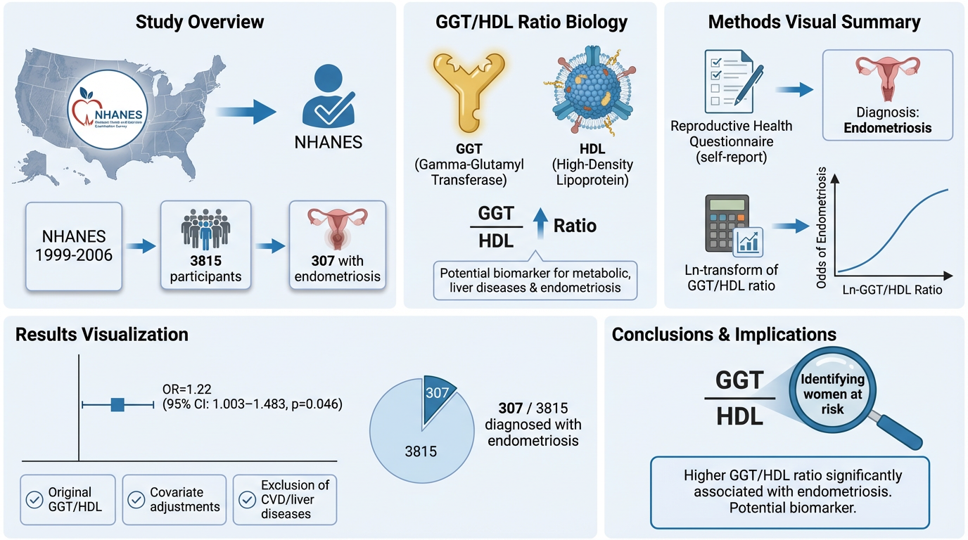 Infographic presenting a study on GGT/HDL ratio and its relation to endometriosis, including study overview, biological markers, methods, results, and conclusions.
