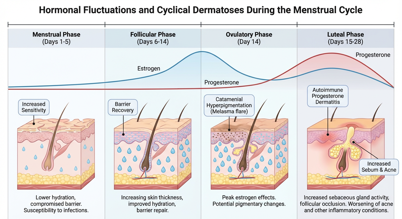 Diagram showing hormonal fluctuations and skin conditions during the menstrual cycle, including increased sensitivity, barrier recovery, pigmentation changes, and acne.
