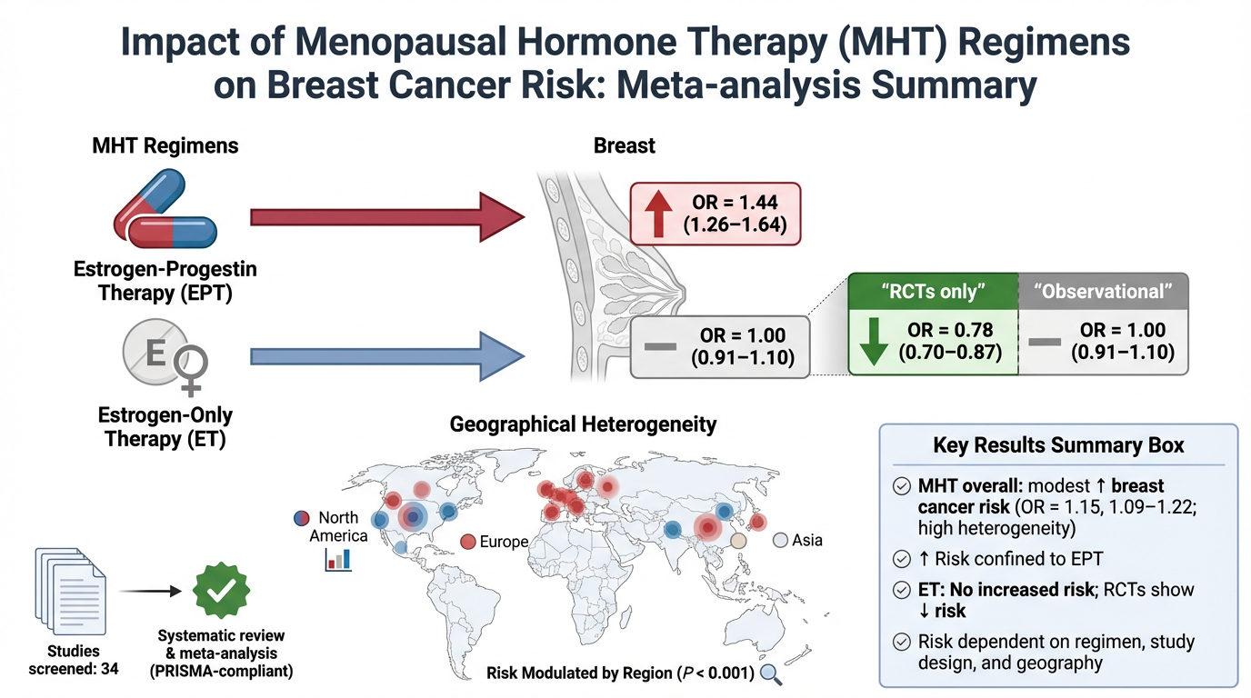 A infographic showing the impact of menopausal hormone therapy regimens on breast cancer risk, including data on estrogen-progestin therapy (EPT) and estrogen-only therapy (ET). It features a world map highlighting geographical heterogeneity, meta-an