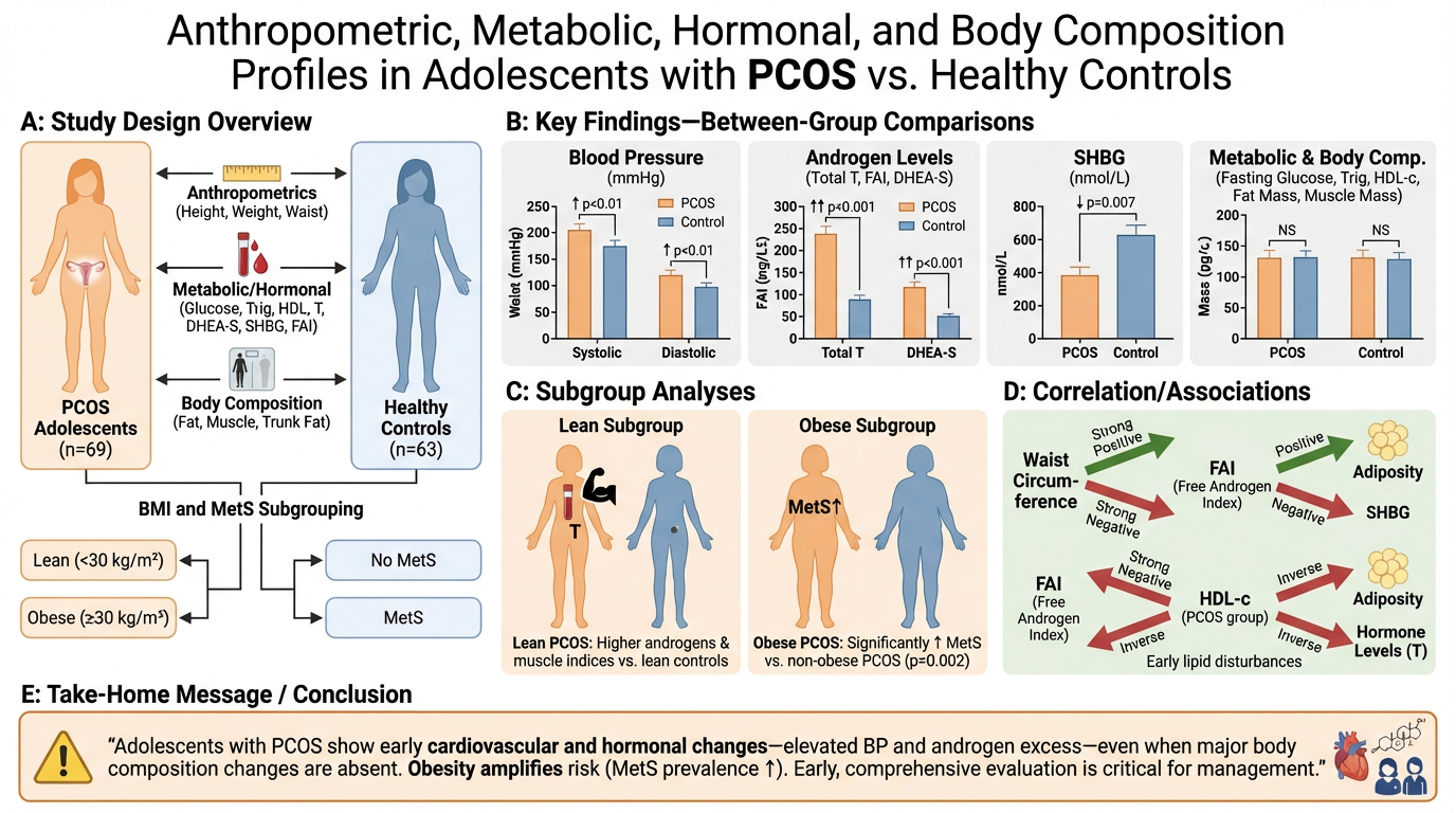 A scientific infographic examining anthropometric, metabolic, hormonal, and body composition profiles in adolescents with PCOS versus healthy controls, including study design, key findings, subgroup analyses, correlations, and a conclusion emphasizin