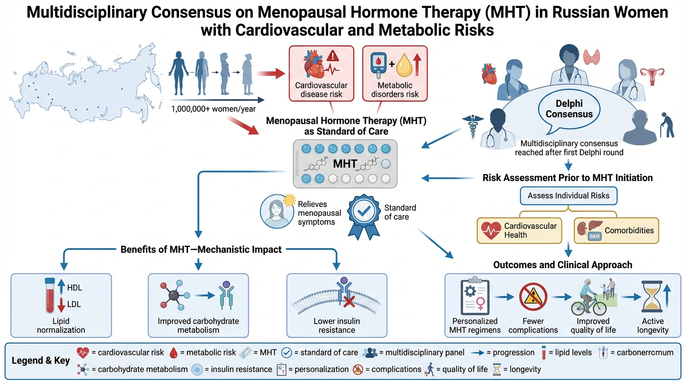 A flowchart illustrating multidisciplinary consensus on menopause hormone therapy (MHT) in Russian women with cardiovascular and metabolic risks. It shows the process starting with over 1,000,000 women annually, assessing risks, reaching Delphi conse