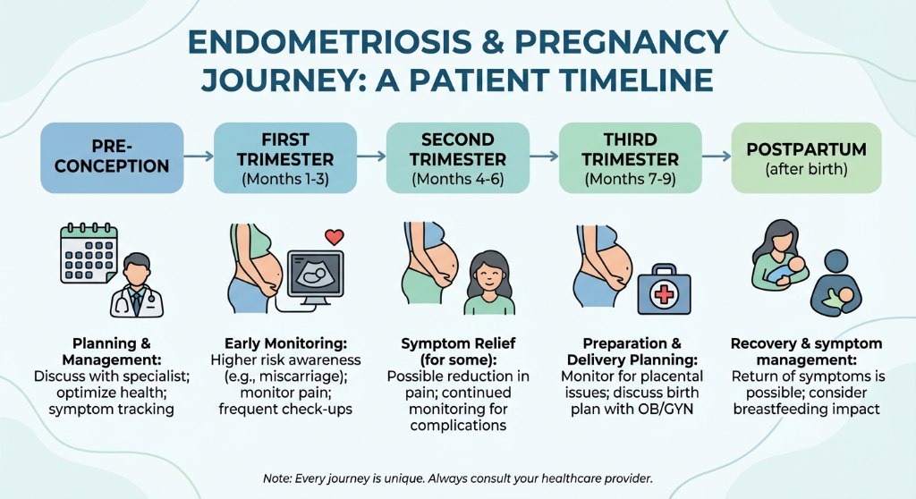 A timeline infographic titled 'Endometriosis & Pregnancy Journey: a Patient Timeline' showing four stages: pre-conception, first trimester, second trimester, third trimester, and postpartum. Each stage has icons and descriptions of typical health man