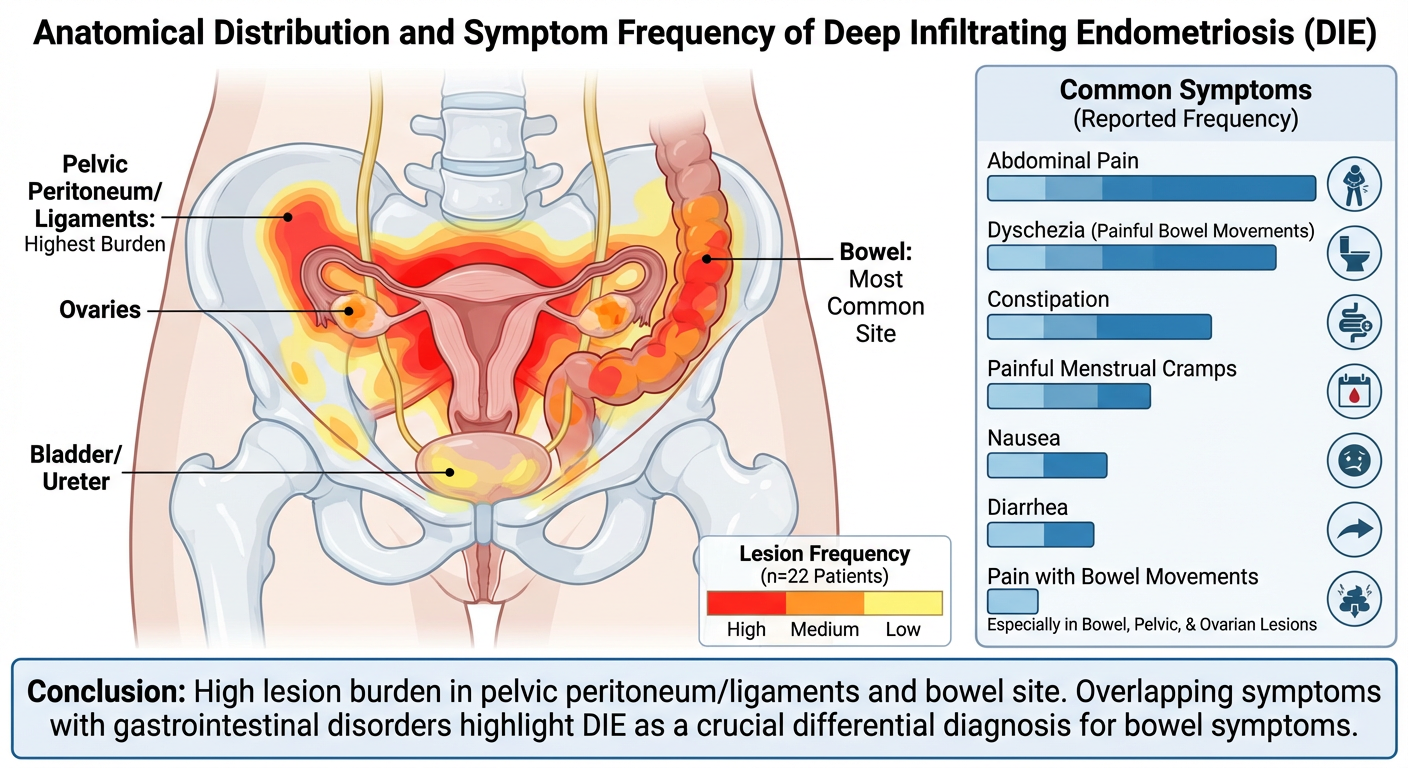 Diagram showing the anatomical distribution and symptom frequency of deep infiltrating endometriosis (DIE). It highlights common sites such as the pelvic peritoneum/ligaments, ovaries, bladder/ureter, and the bowel, especially the rectosigmoid colon.