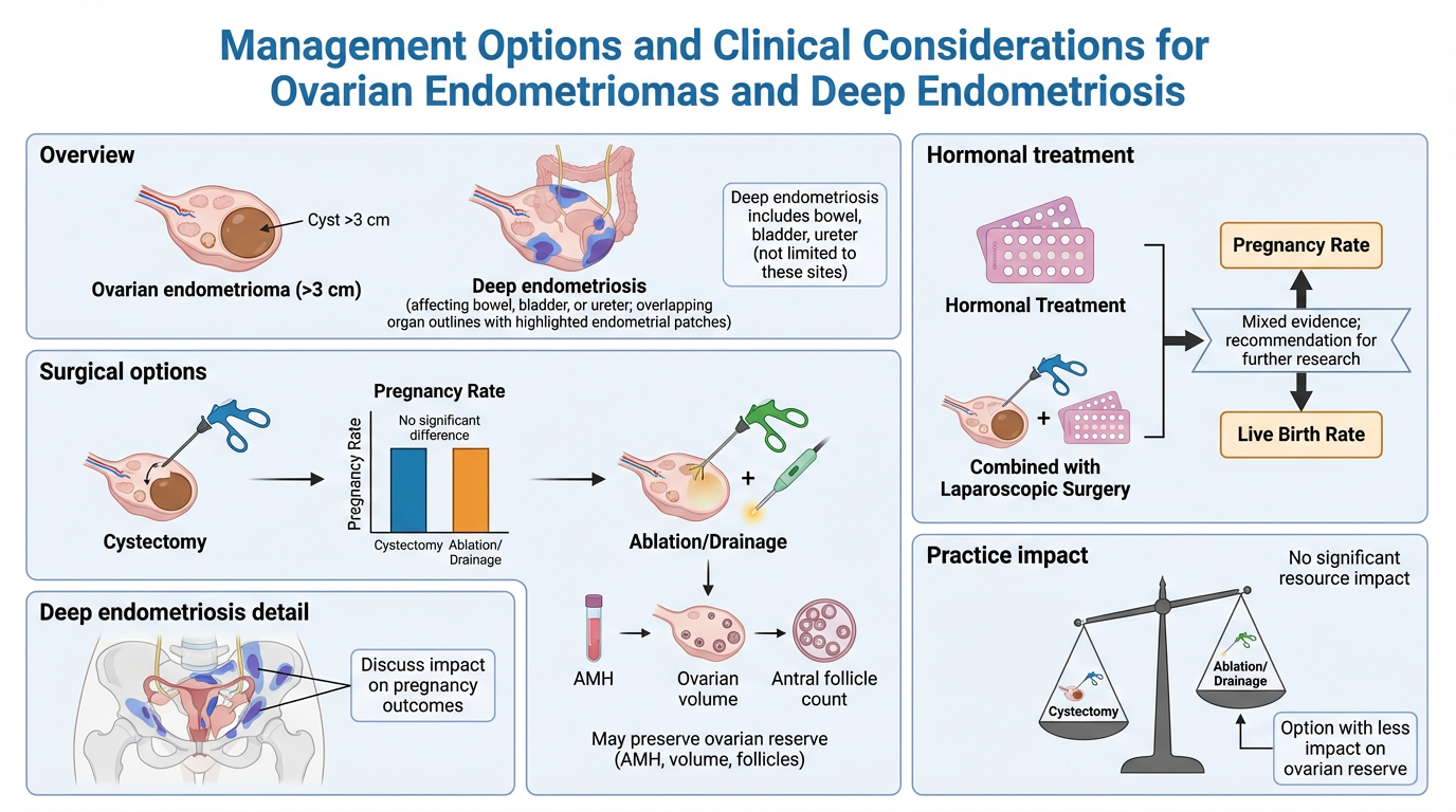 Diagram detailing management options and clinical considerations for ovarian endometriomas and deep endometriosis. Includes sections on overview, surgical options, detailed pathology, hormonal treatment, practical impact, and practice considerations.