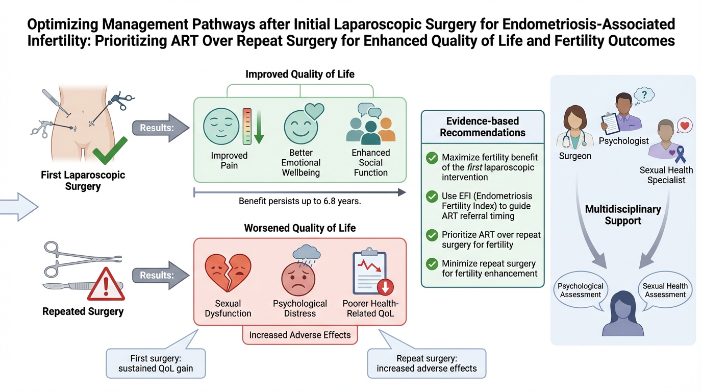 Diagram comparing management pathways after initial laparoscopic surgery for endometriosis-related infertility. It shows outcomes of improved quality of life with ART prioritization and worsened quality of life with repeat surgery, emphasizing eviden