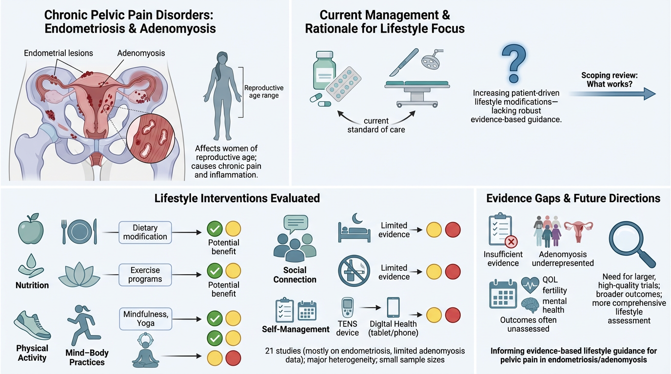 Infographic summarizing chronic pelvic pain disorders of endometriosis and adenomyosis, their impact, current management standards, lifestyle interventions evaluated including dietary modifications, exercise, mindfulness, use of technology, and ident