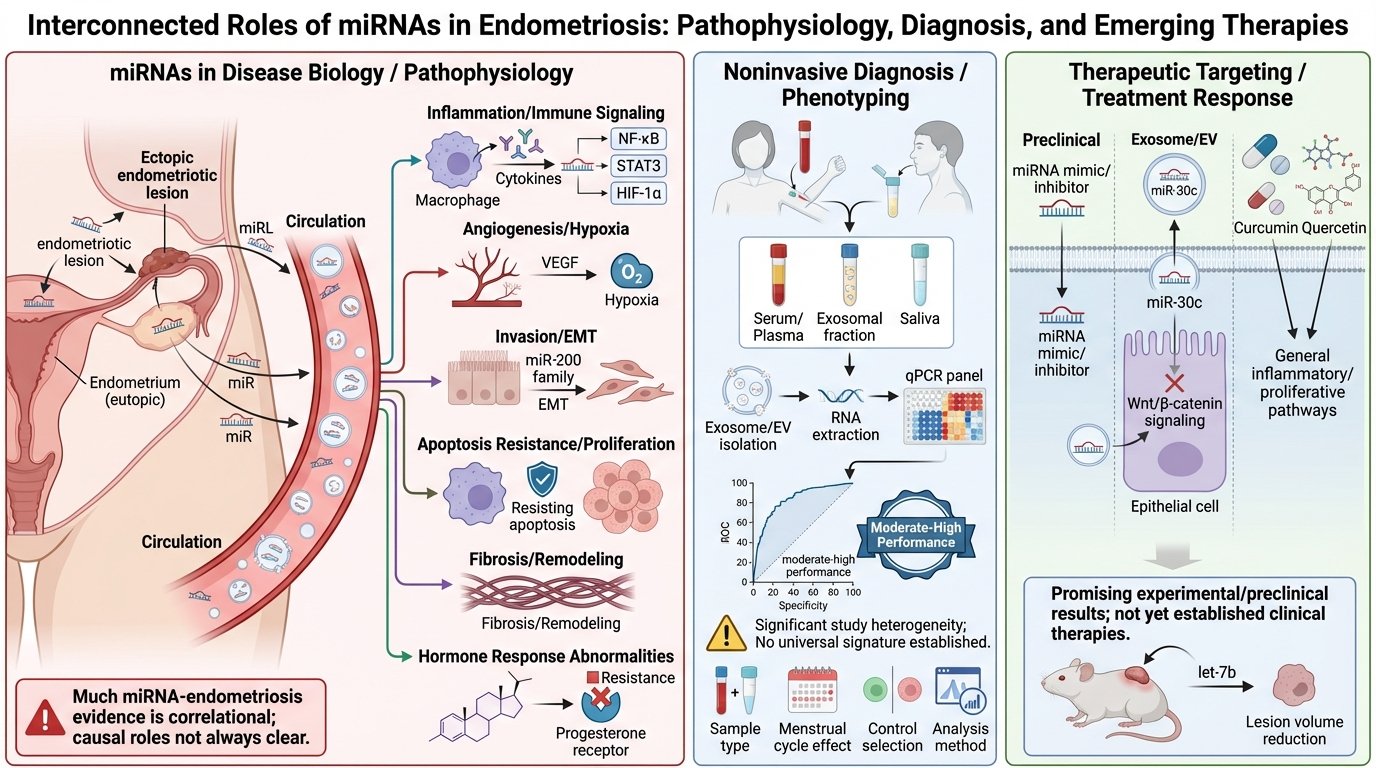 Diagram illustrating interconnected roles of miRNAs in endometriosis, including disease biology, noninvasive diagnosis, and therapeutic targeting, with sections on inflammation, angiogenesis, invasion, apoptosis resistance, fibrosis, hormone response