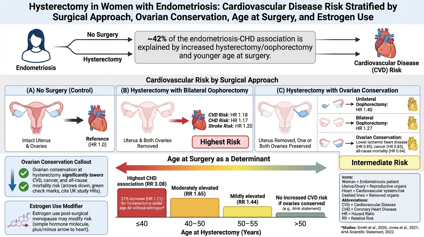 Flowchart showing the relationship between hysterectomy type and cardiovascular disease risk in women with endometriosis. It compares no surgery, hysterectomy with bilateral oophorectomy, and hysterectomy with ovarian conservation, highlighting risk 