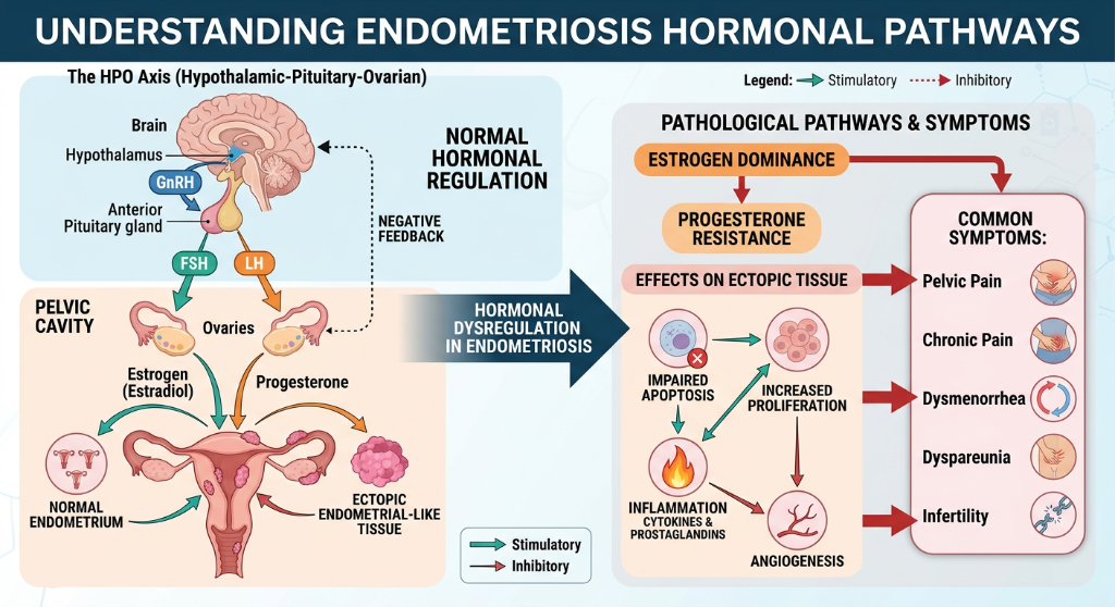 Diagram explaining hormonal pathways in endometriosis. The chart shows the hypothalamic-pituitary-ovarian axis, hormonal regulation, and pathways leading to endometriosis symptoms. It highlights the roles of estrogen, progesterone, and their effects 