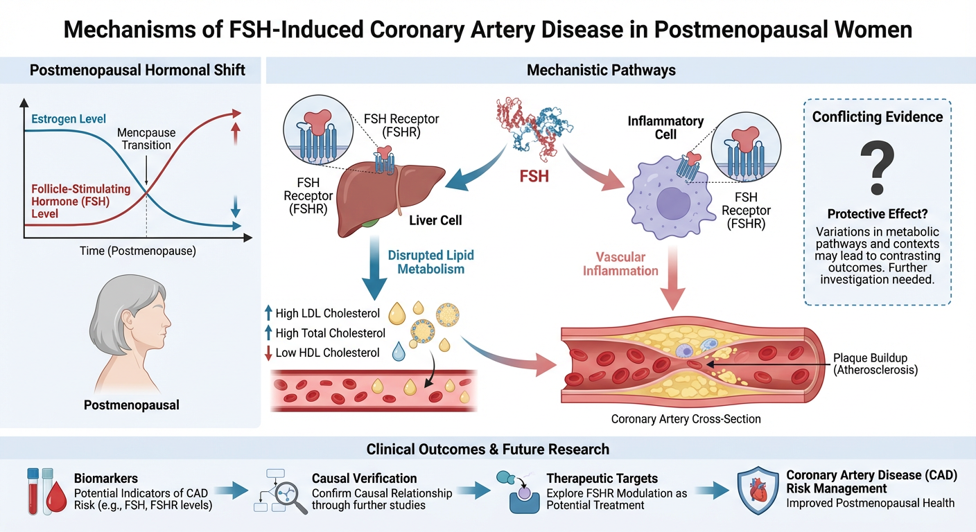 Diagram illustrating mechanisms of FSH-induced coronary artery disease in postmenopausal women, including hormonal shifts, mechanistic pathways, conflicting evidence, and future research directions.