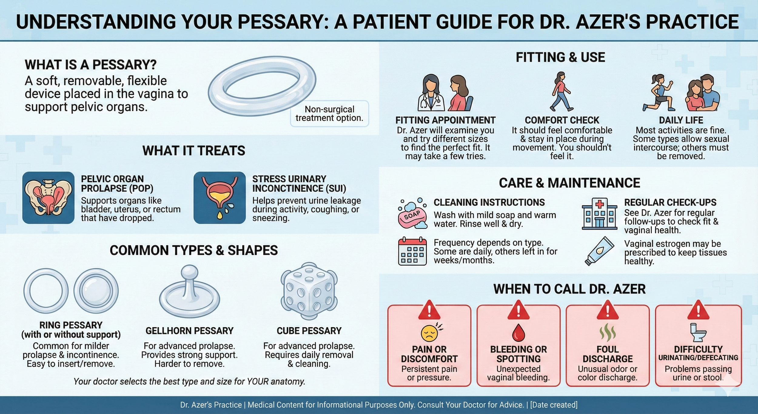 A patient guide about pessaries, including definitions, types, fitting, use, care, and when to seek medical help.