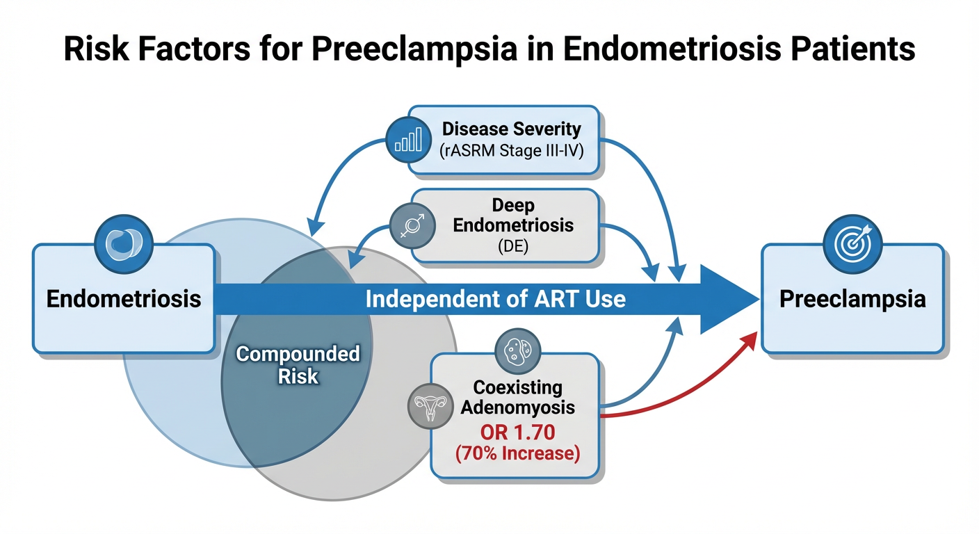 Flowchart showing risk factors for preeclampsia in patients with endometriosis, including disease severity, deep endometriosis, coexisting adenomyosis, and independent of ART use.