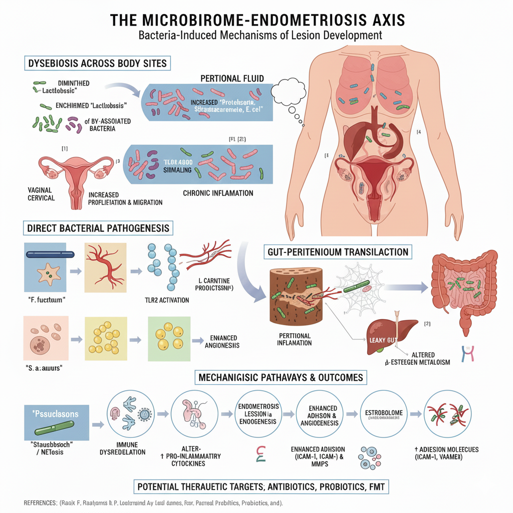 Diagram of the microbiome-endometriosis axis showing bacteria-induced mechanisms of lesion development, dysbiosis across body sites, direct bacterial pathogenesis, gut-peritonium translocation, and mechanistic pathways leading to endometriosis involv